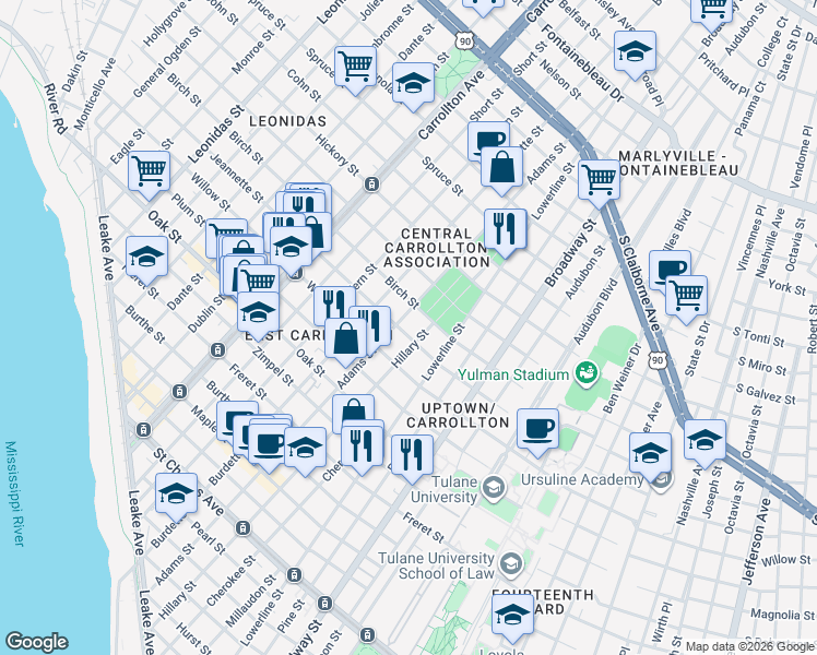 map of restaurants, bars, coffee shops, grocery stores, and more near 7521 Jeannette Street in New Orleans