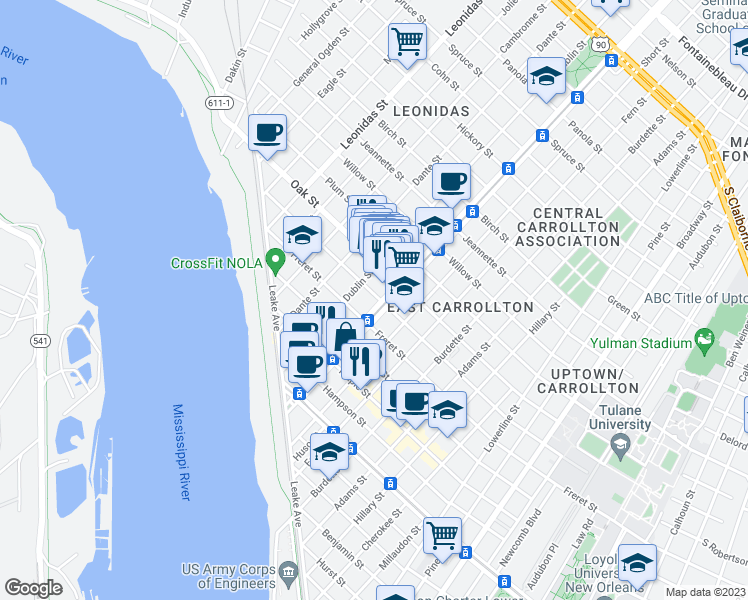 map of restaurants, bars, coffee shops, grocery stores, and more near 1015 South Carrollton Avenue in New Orleans