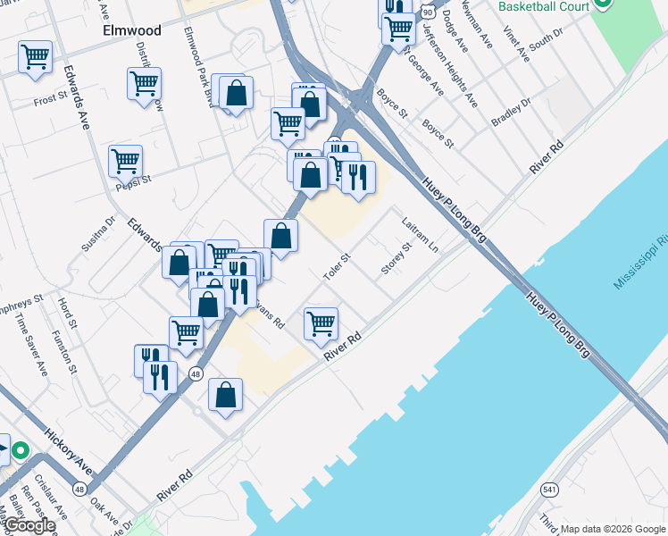map of restaurants, bars, coffee shops, grocery stores, and more near 221 Research Drive in New Orleans
