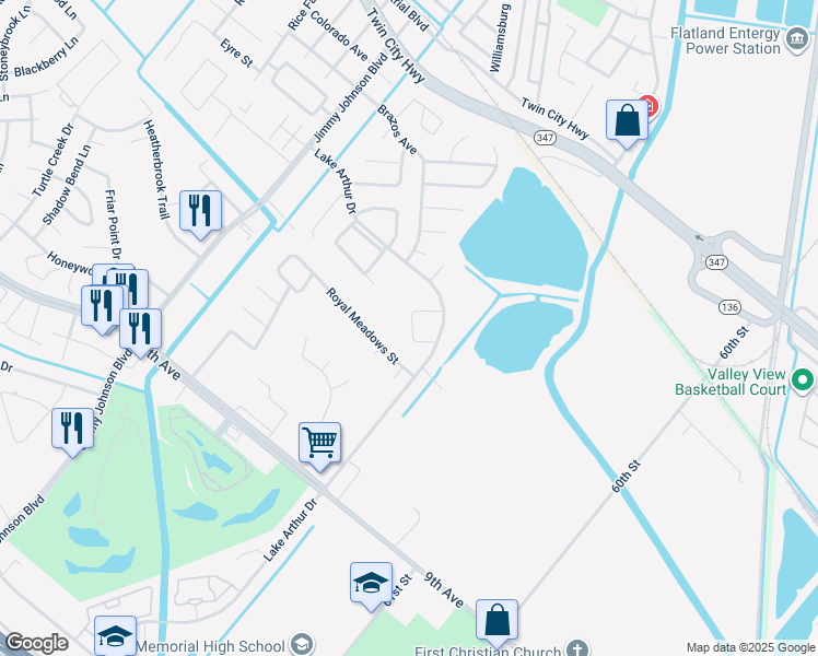 map of restaurants, bars, coffee shops, grocery stores, and more near 6960 Royal Meadows Street in Port Arthur