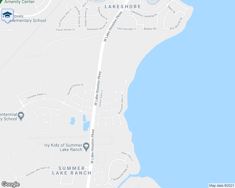 map of restaurants, bars, coffee shops, grocery stores, and more near 15527 Westward Lake Lane in Houston