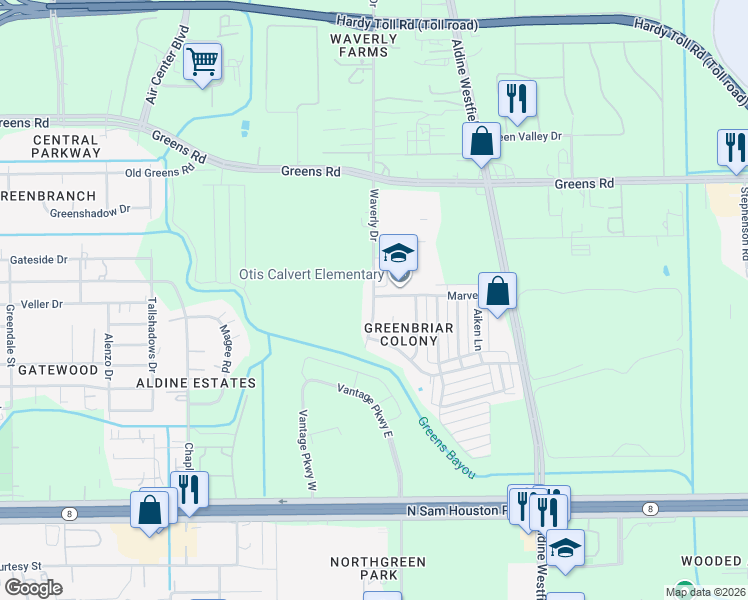 map of restaurants, bars, coffee shops, grocery stores, and more near 15514 Empson Drive in Houston