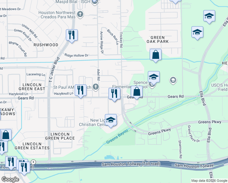 map of restaurants, bars, coffee shops, grocery stores, and more near 1523 Chestnut Tree Lane in Houston