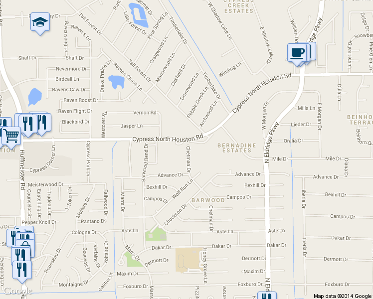 map of restaurants, bars, coffee shops, grocery stores, and more near 11810 Chetman Drive in Houston