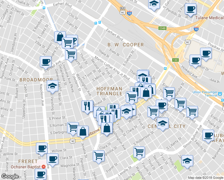 map of restaurants, bars, coffee shops, grocery stores, and more near 3321 Second Street in New Orleans