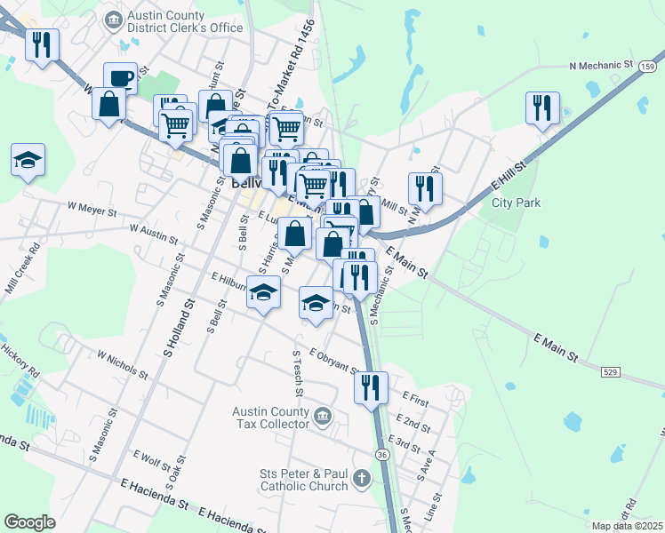 map of restaurants, bars, coffee shops, grocery stores, and more near 215 South Tesch Street in Bellville