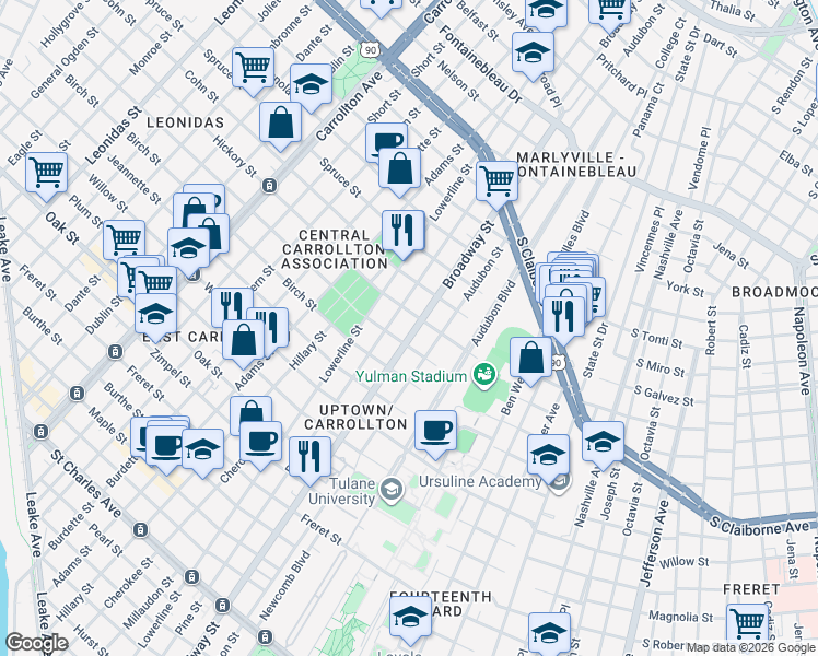 map of restaurants, bars, coffee shops, grocery stores, and more near 1634 Broadway Street in New Orleans