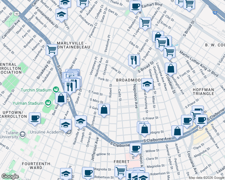 map of restaurants, bars, coffee shops, grocery stores, and more near 3534 Robert Street in New Orleans