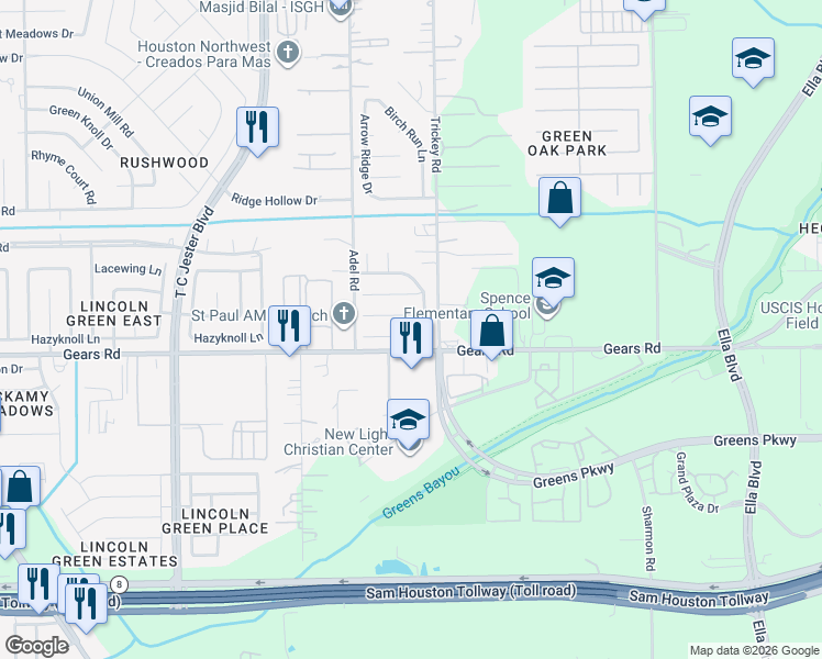 map of restaurants, bars, coffee shops, grocery stores, and more near 1523 Chestnut Tree Lane in Houston