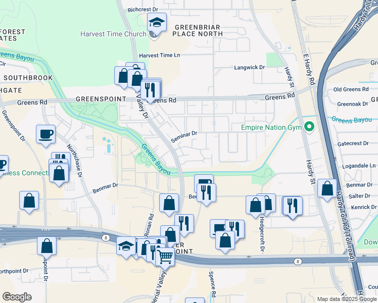 map of restaurants, bars, coffee shops, grocery stores, and more near 17050 Imperial Valley Drive in Houston