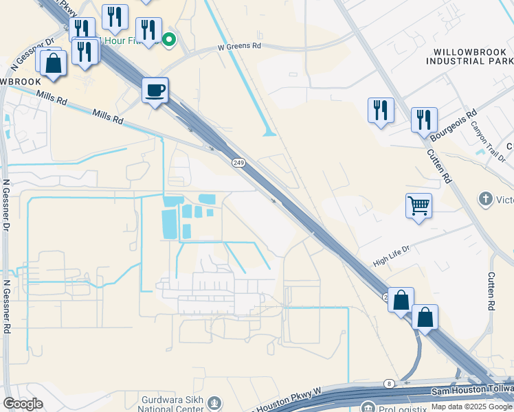 map of restaurants, bars, coffee shops, grocery stores, and more near 16303 Tomball Parkway in Houston