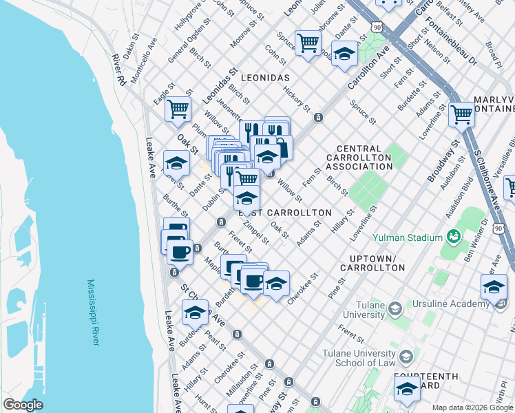 map of restaurants, bars, coffee shops, grocery stores, and more near 1200 Short Street in New Orleans