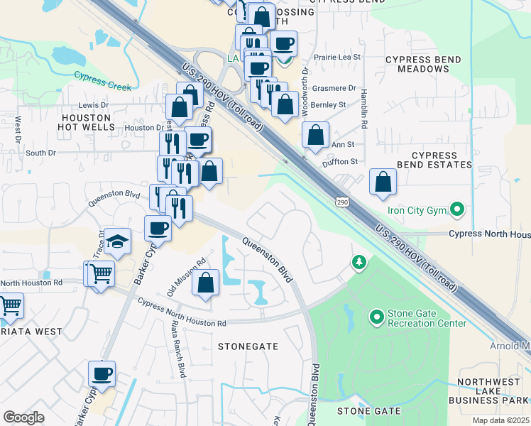 map of restaurants, bars, coffee shops, grocery stores, and more near 12120 East Canyon Trace Drive in Houston