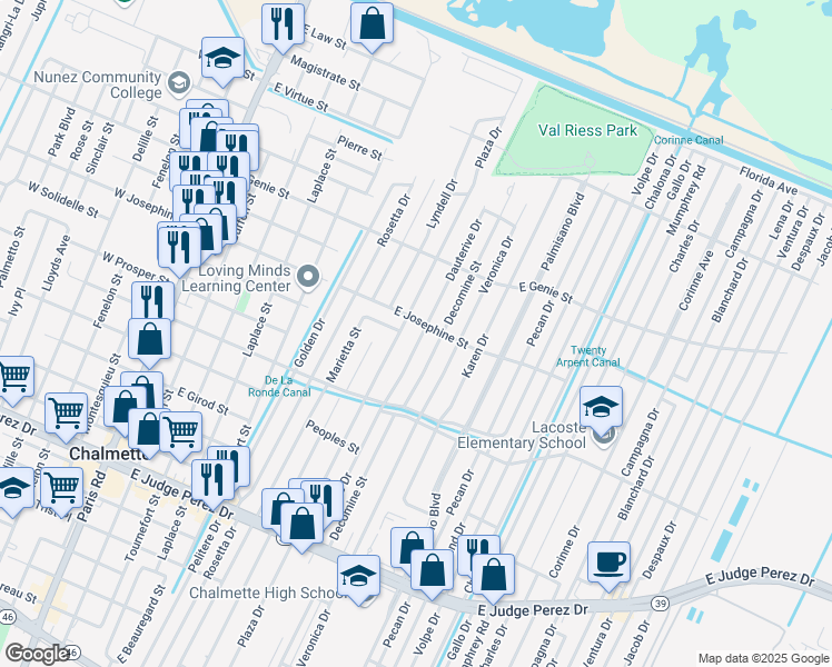 map of restaurants, bars, coffee shops, grocery stores, and more near 3328 Dauterive Drive in Chalmette