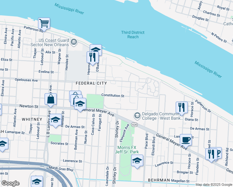 map of restaurants, bars, coffee shops, grocery stores, and more near 111 Constitution Street in New Orleans