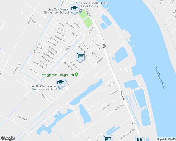 map of restaurants, bars, coffee shops, grocery stores, and more near 424 Dandelion Drive in Westwego