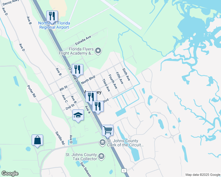 map of restaurants, bars, coffee shops, grocery stores, and more near 217 Jackson Boulevard in St. Augustine