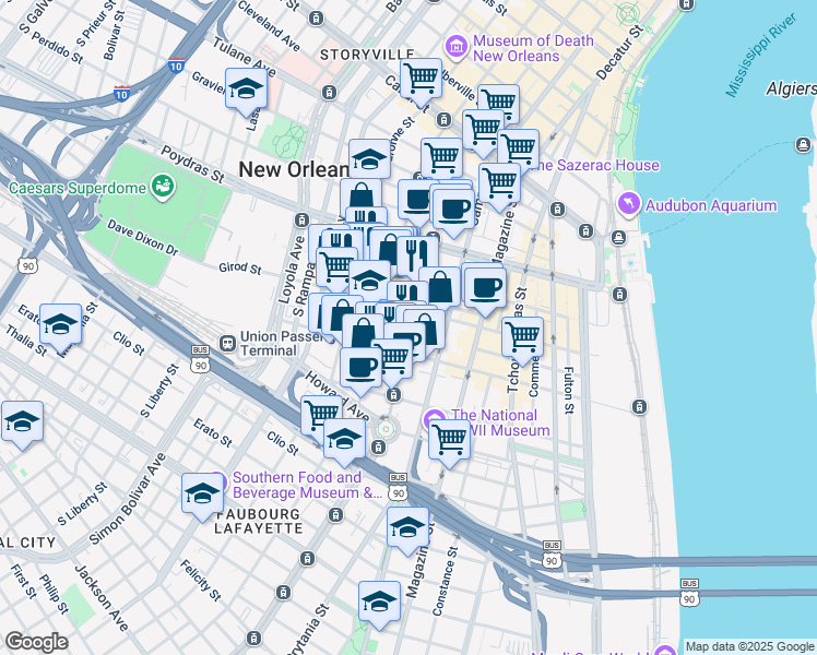 map of restaurants, bars, coffee shops, grocery stores, and more near in New Orleans