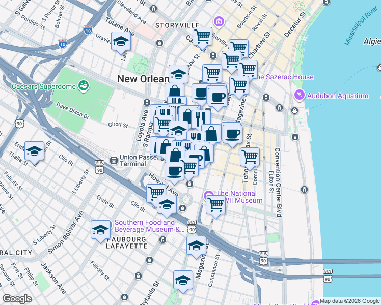 map of restaurants, bars, coffee shops, grocery stores, and more near in New Orleans