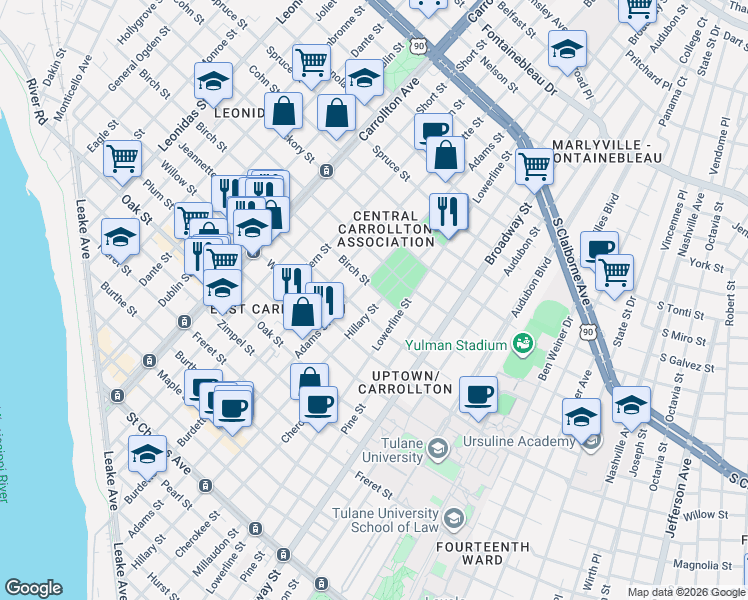 map of restaurants, bars, coffee shops, grocery stores, and more near 1601 Adams Street in New Orleans