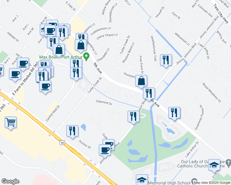 map of restaurants, bars, coffee shops, grocery stores, and more near 7627 9th Avenue in Port Arthur