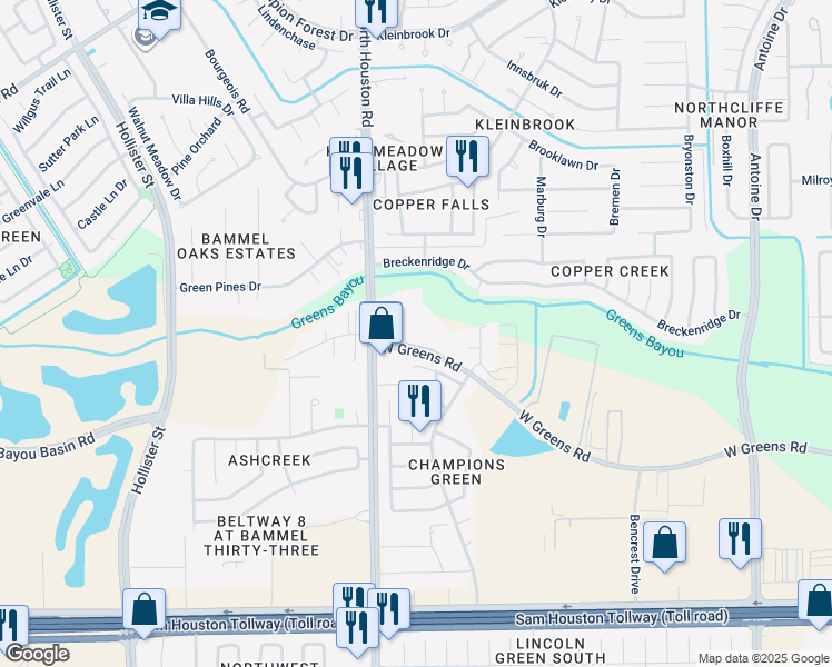 map of restaurants, bars, coffee shops, grocery stores, and more near 5200 W Greens Rd in Houston