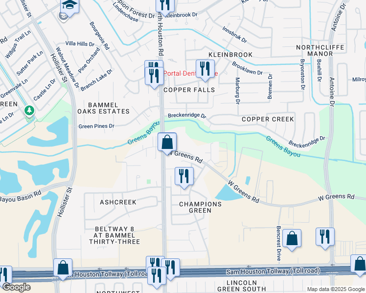 map of restaurants, bars, coffee shops, grocery stores, and more near 5200 West Greens Road in Houston