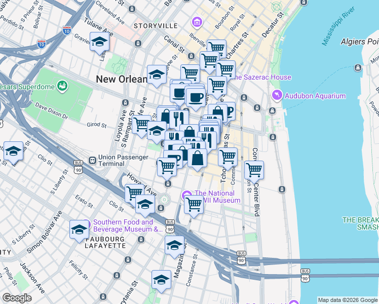 map of restaurants, bars, coffee shops, grocery stores, and more near 600 South Maestri Place in New Orleans