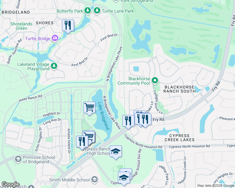 map of restaurants, bars, coffee shops, grocery stores, and more near 11623 Columbia Pines Lane in Cypress
