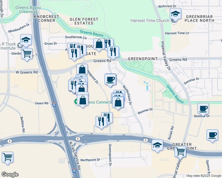 map of restaurants, bars, coffee shops, grocery stores, and more near 12400 Greenspoint Drive in Houston