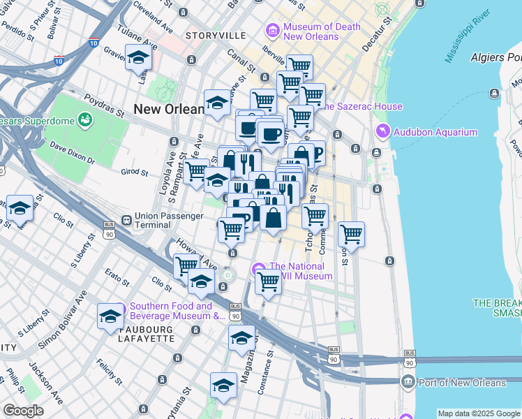 map of restaurants, bars, coffee shops, grocery stores, and more near 600 South Maestri Place in New Orleans