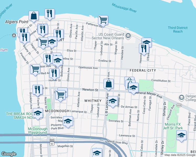 map of restaurants, bars, coffee shops, grocery stores, and more near 743 Leboeuf Street in New Orleans