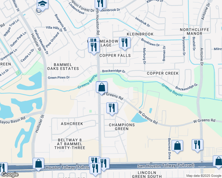 map of restaurants, bars, coffee shops, grocery stores, and more near 5200 West Greens Road in Houston