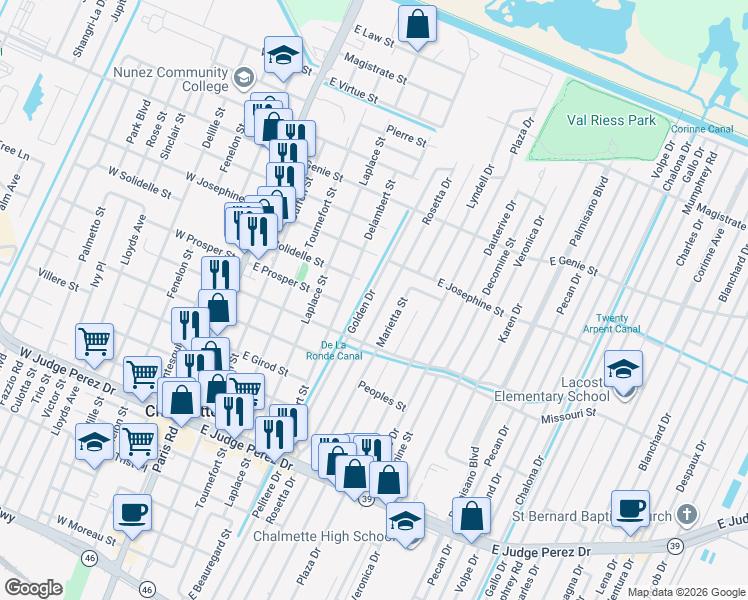 map of restaurants, bars, coffee shops, grocery stores, and more near 3317 Golden Drive in Chalmette