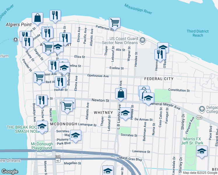 map of restaurants, bars, coffee shops, grocery stores, and more near 743 Leboeuf Street in New Orleans