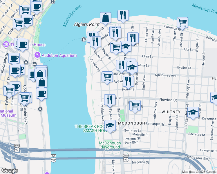map of restaurants, bars, coffee shops, grocery stores, and more near 813 Teche Street in New Orleans
