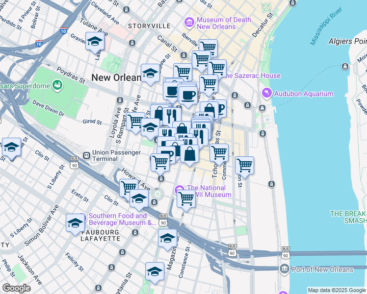 map of restaurants, bars, coffee shops, grocery stores, and more near 600 South Maestri Place in New Orleans