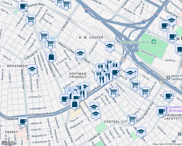 map of restaurants, bars, coffee shops, grocery stores, and more near 3200 Josephine Street in New Orleans