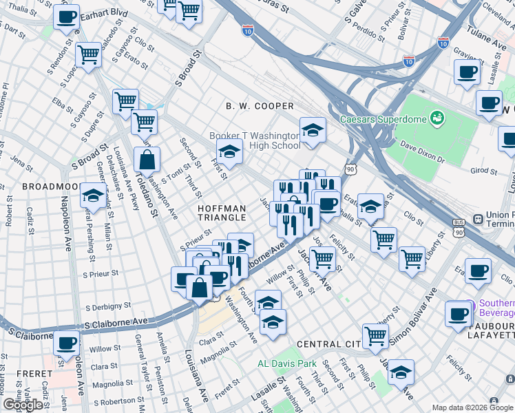map of restaurants, bars, coffee shops, grocery stores, and more near 2318 South Johnson Street in New Orleans