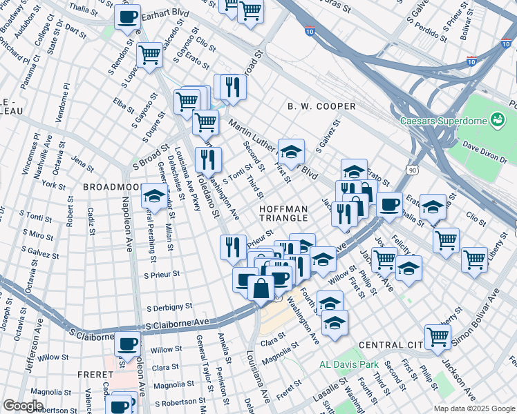 map of restaurants, bars, coffee shops, grocery stores, and more near 3510 Third Street in New Orleans