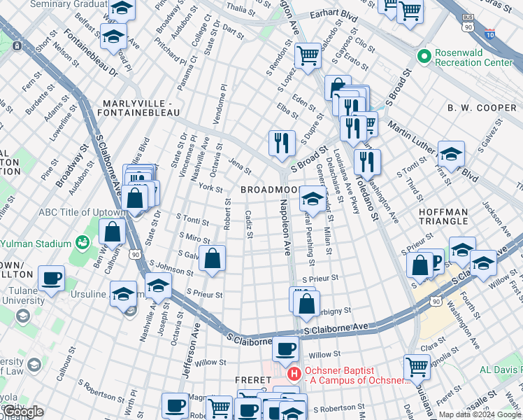 map of restaurants, bars, coffee shops, grocery stores, and more near in New Orleans
