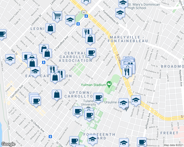 map of restaurants, bars, coffee shops, grocery stores, and more near 1736 Pine Street in New Orleans