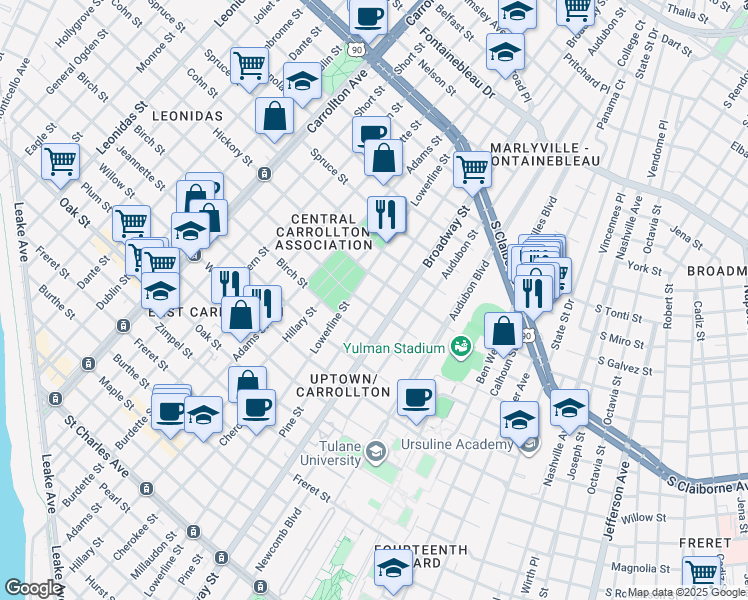 map of restaurants, bars, coffee shops, grocery stores, and more near 1736 Pine Street in New Orleans