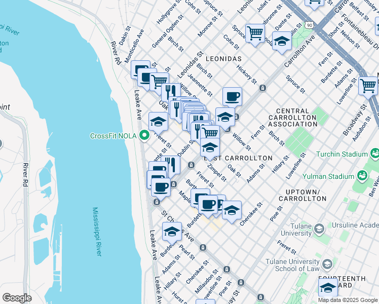 map of restaurants, bars, coffee shops, grocery stores, and more near 8220 Zimple Street in New Orleans