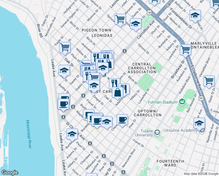 map of restaurants, bars, coffee shops, grocery stores, and more near 1327 Short Street in New Orleans