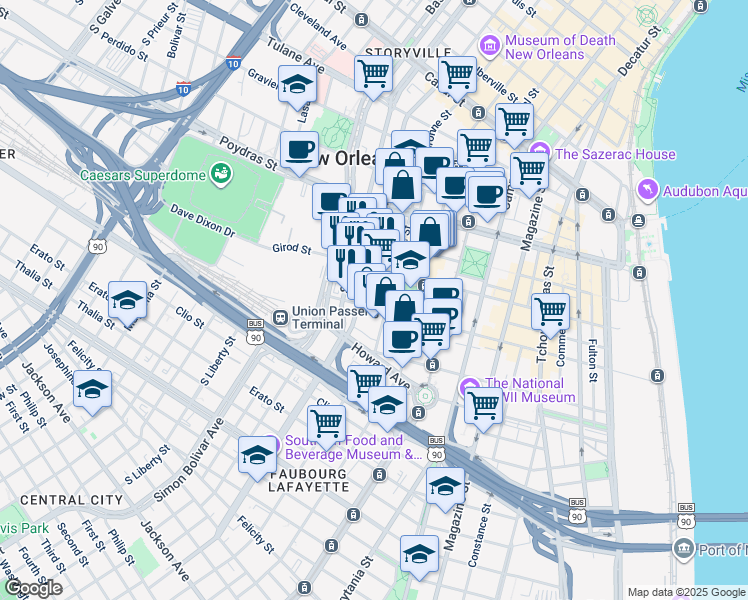 map of restaurants, bars, coffee shops, grocery stores, and more near 752 O'Keefe Avenue in New Orleans