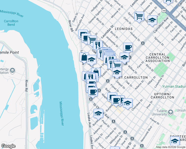map of restaurants, bars, coffee shops, grocery stores, and more near 8310 Freret Street in New Orleans