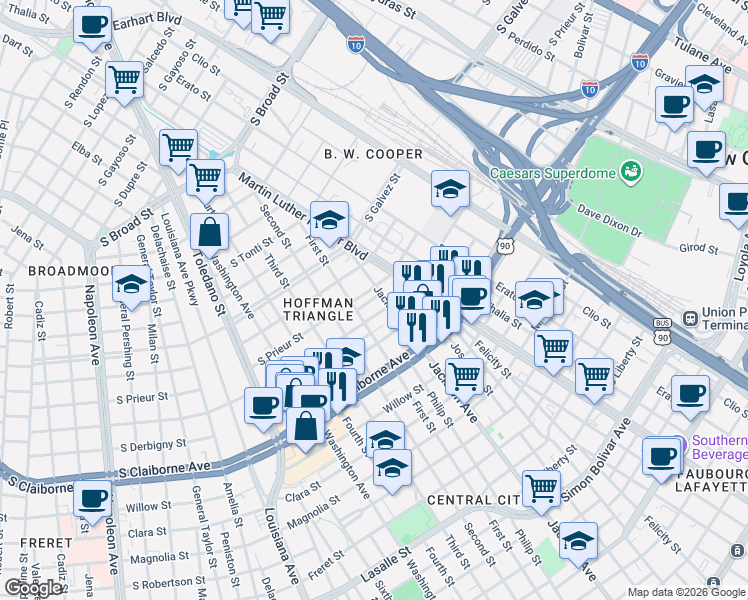 map of restaurants, bars, coffee shops, grocery stores, and more near 3200 Josephine Street in New Orleans