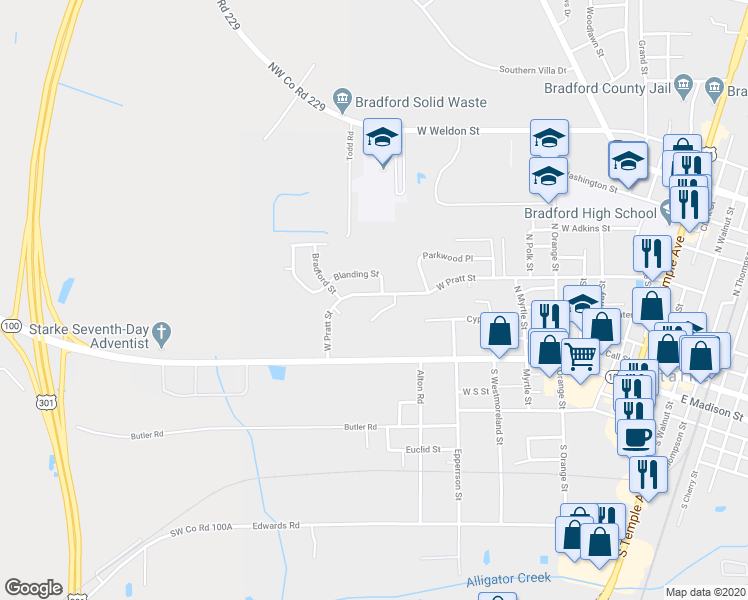 map of restaurants, bars, coffee shops, grocery stores, and more near 1104 West Pratt Street in Starke