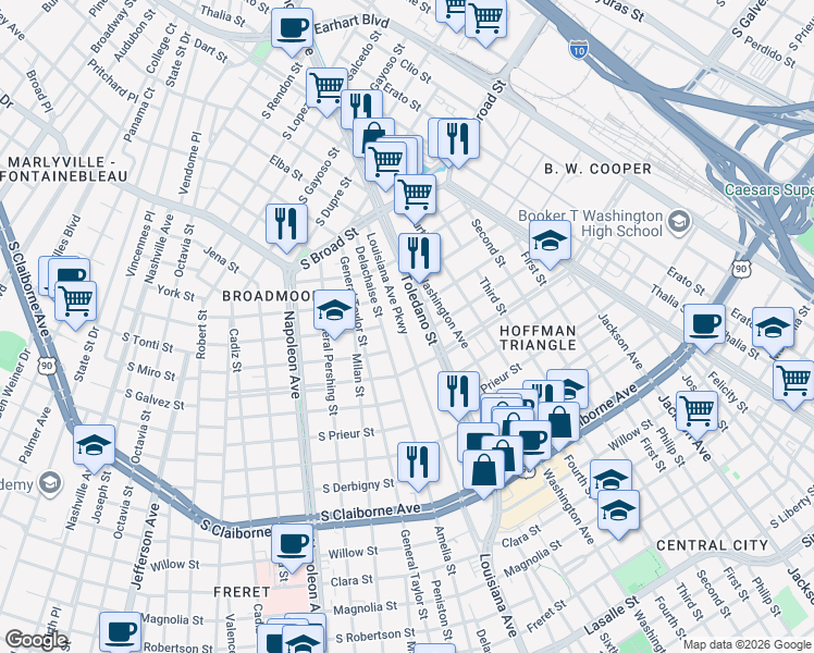 map of restaurants, bars, coffee shops, grocery stores, and more near 3537 Toledano Street in New Orleans